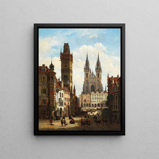 Emile Pierre Joseph de Cauwer - A View of the Old Town of Prague with the Church of Our Lady before Tn and the Astronomical Clock.webp