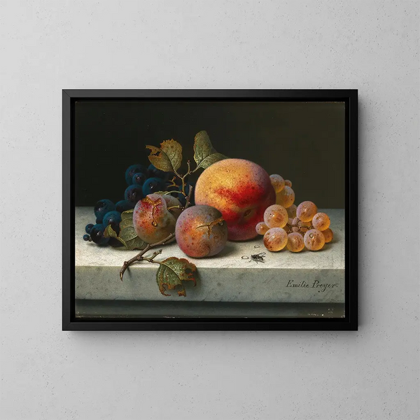 Still life with peaches, plums, grapes, and a fly - Emilie Preyer — framed artwork on a wall