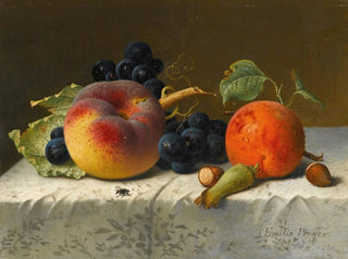 Emilie Preyer - Still life with peach apricot grapes and hazelnuts on a tablecloth.webp