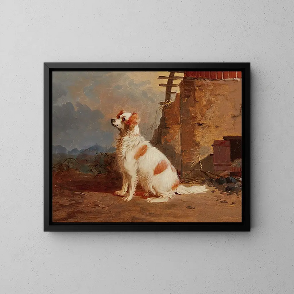 An English Springer Spaniel sitting in front of a barn - English School — framed artwork on a wall