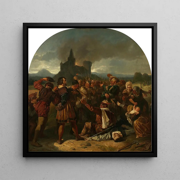 Épisode de la guerre des paysans allemands le comte Helfenstein devant son château en feu moqué par des paysans - Hermann Eichler