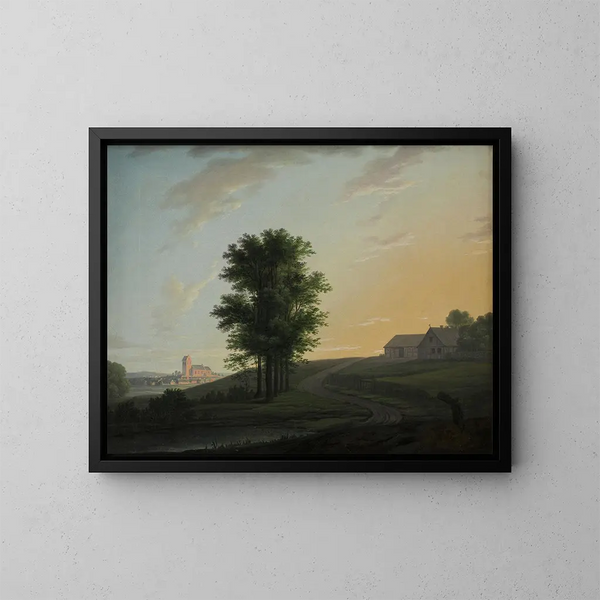 Evening landscape painting near Gentofte, north of Copenhagen - Erik Pauelsen — framed artwork on a wall