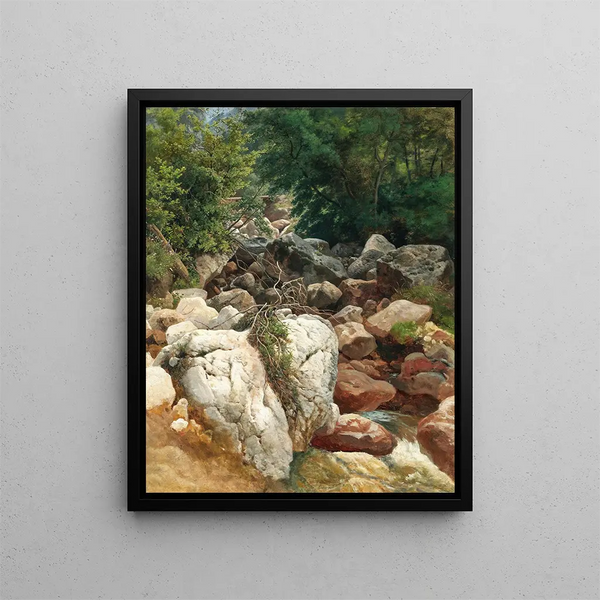 A mountain stream with a white rock - Ernestine von Kirchsberg — framed artwork on a wall