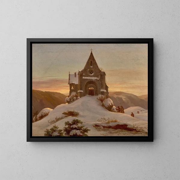 Mountain Chapel in Winter - Ernst Ferdinand Oehme — framed artwork on a wall