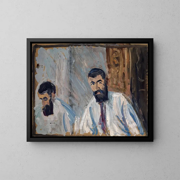 Double portrait of a bearded man in a white shirt - Ernst Schiess — framed artwork on a wall