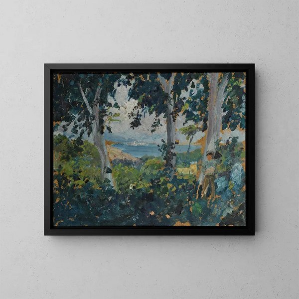 Uitzicht door de bomen op een zuidbaai aan zee - Ernst Schiess — ingelijst kunstwerk aan de muur