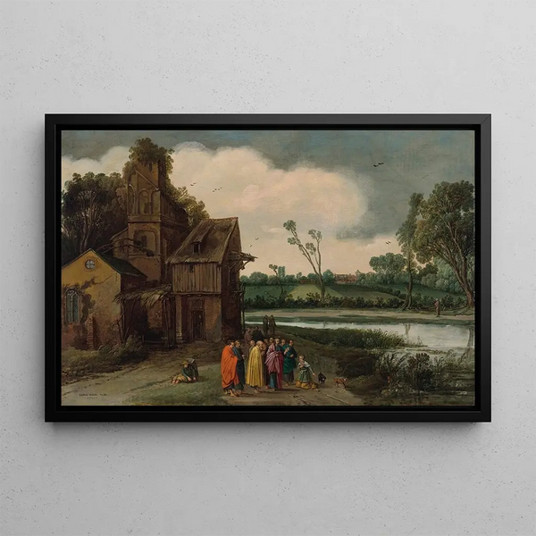 A landscape with Christ and the Canaanite woman - Esaias van de Velde — framed artwork on a wall