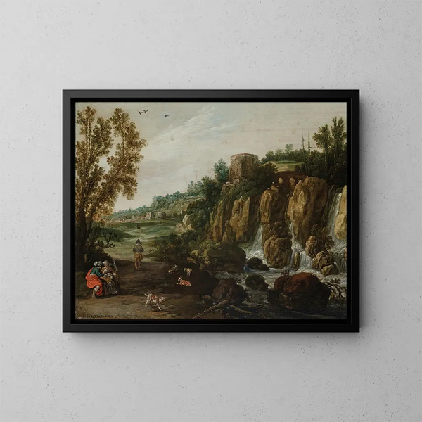A rocky landscape with a waterfall and Ruth and Boaz - Esaias van de Velde — framed artwork on a wall