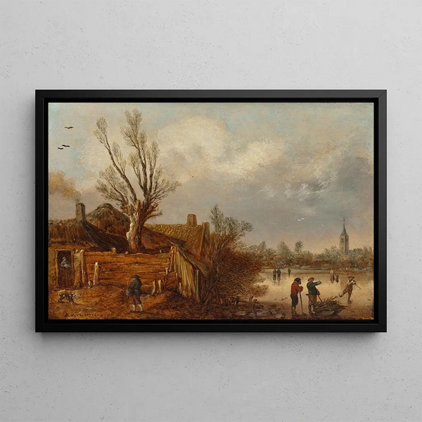 Cottages and frozen river - Esaias van de Velde — framed artwork on a wall
