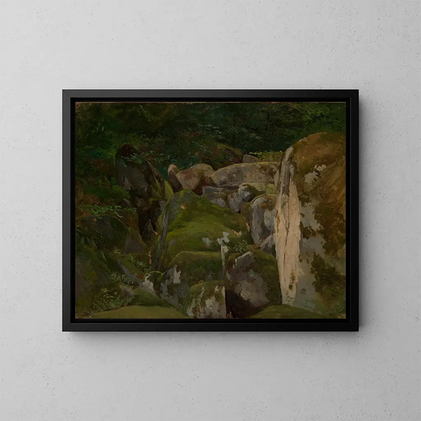 Rochers moussus dans la vallée forestière - Eugen Bracht — framed artwork on a wall