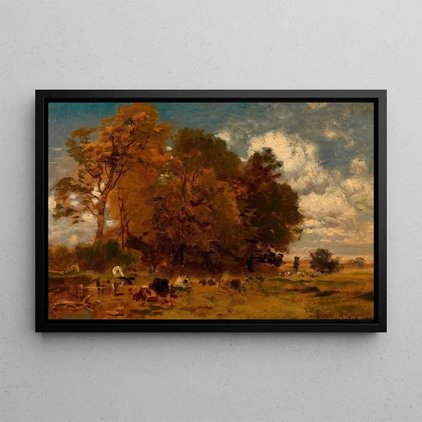 River landscape painting with cows - Eugen Jettel — framed artwork on a wall