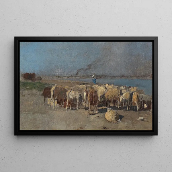 Herd of Sheep in the Evening - Eugen Jettel — framed artwork on a wall