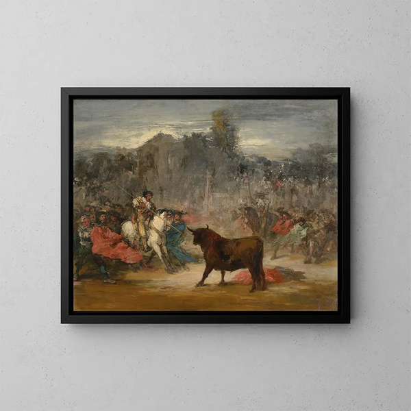 Varilargueros harcelant le taureau - Eugenio Lucas Velázquez — framed artwork on a wall