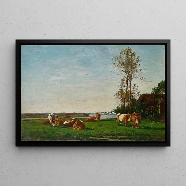 Cottage and Pasture on the Banks of the Touques - Eugène Boudin — framed artwork on a wall