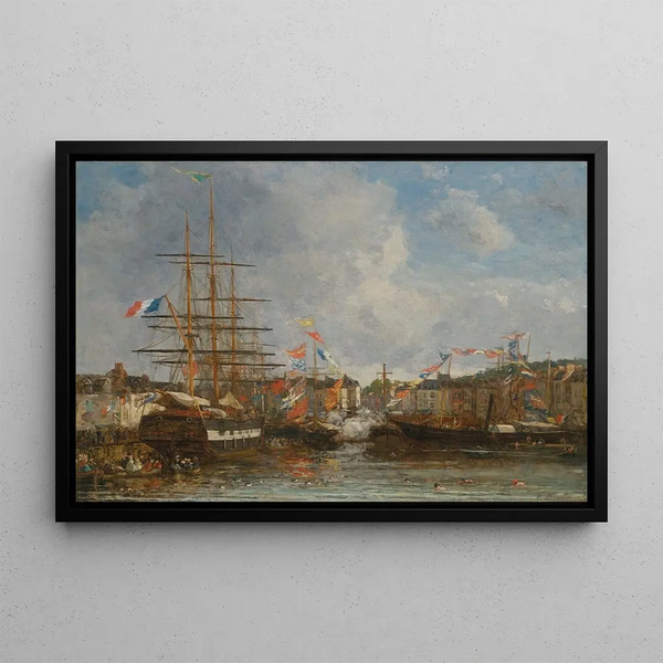 Feest in de haven van Honfleur - Eugène Boudin — ingelijst kunstwerk aan de muur