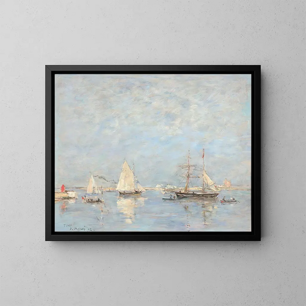 Vertrek van de boten in Saint-Vaast-la-Hougue - Eugène Boudin — ingelijst kunstwerk aan de muur