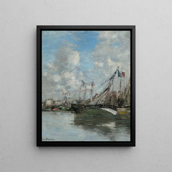 Trouville schilderij, gestrande boten - Eugène Boudin — ingelijst kunstwerk aan de muur