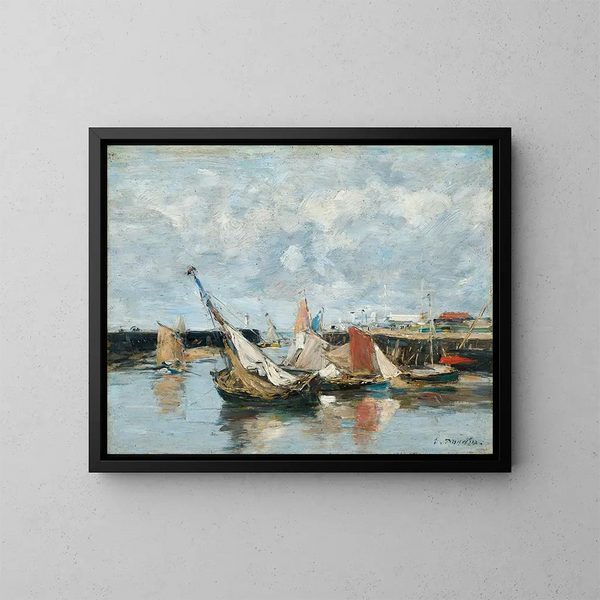 Boats at Trouville, low tide - Eugène Boudin — framed artwork on a wall