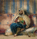 Een man in oosterse kleding die rookt op een bank - Eugène Delacroix — weergave van het kunstwerk