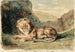 Leeuw liggend in een landschap - Eugène Delacroix — weergave van het kunstwerk