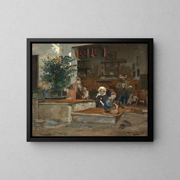 Two children in front of the shop - Eugène Girardet — framed artwork on a wall