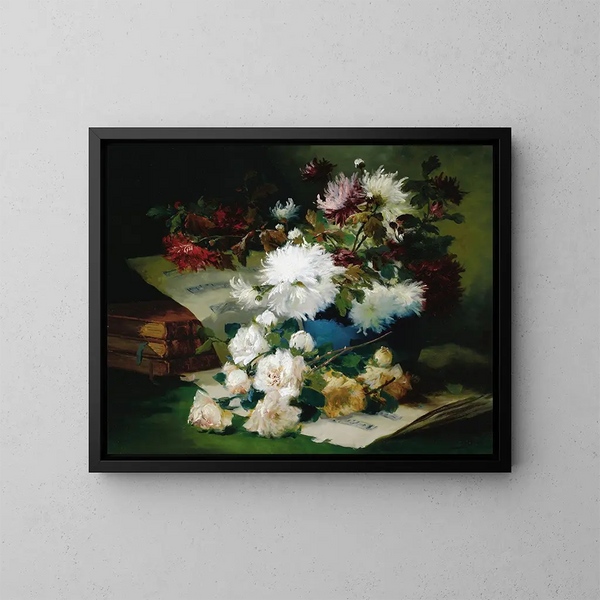 Still life with partitions and books - Eugène Henri Cauchois — framed artwork on a wall