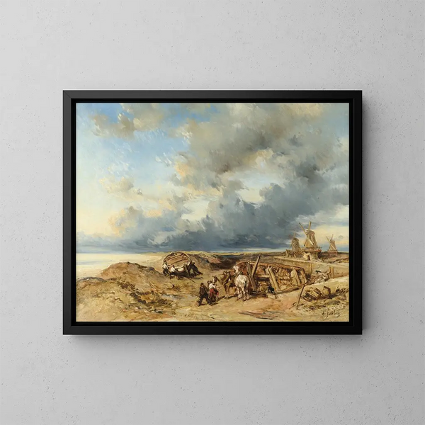 Attelage de chevaux sur la plage en Hollande - Eugène Isabey — framed artwork on a wall