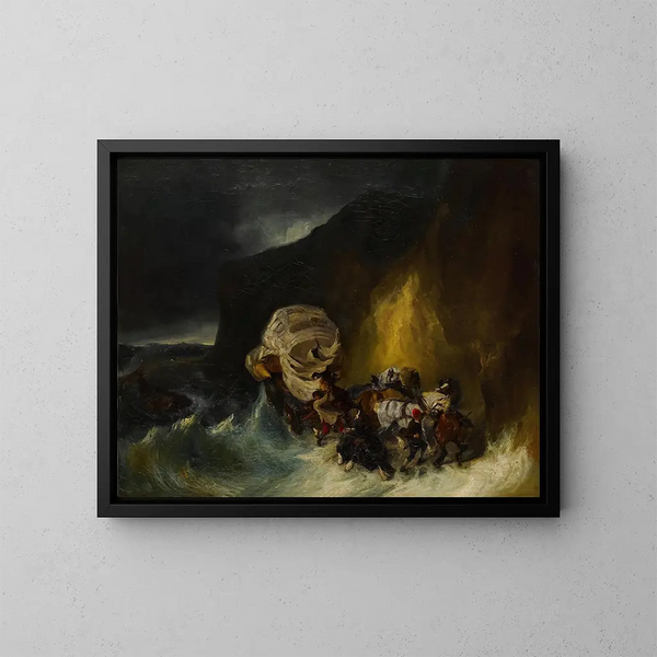 Caravane prise dans une tempête au bord de la mer - Eugène Isabey — framed artwork on a wall
