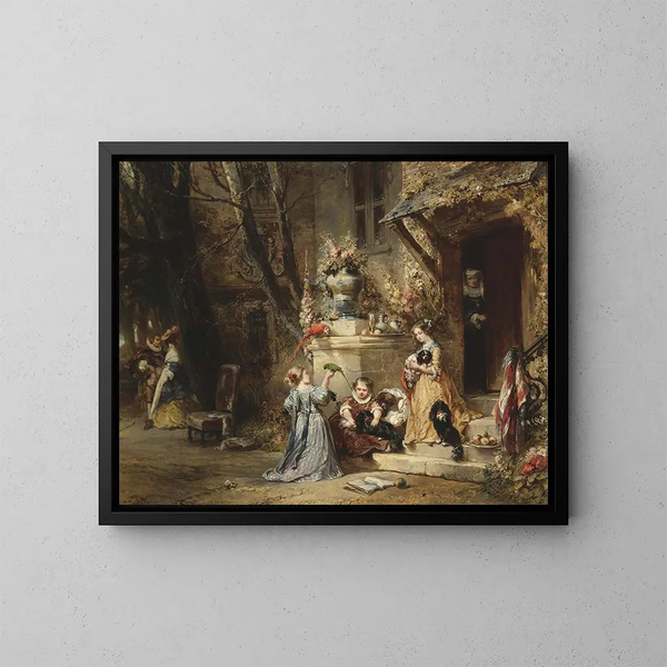 Children playing with their favorite pets - Eugène Isabey — framed artwork on a wall