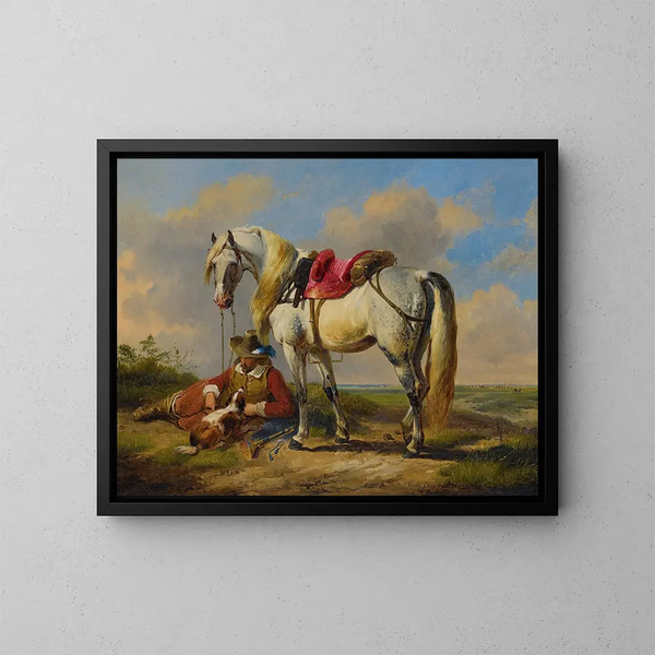 a Resting Cavalier - Eugène Joseph Verboeckhoven — framed artwork on a wall