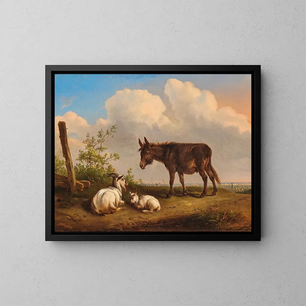 a Donkey and goats on a country road - Eugène Joseph Verboeckhoven — framed artwork on a wall