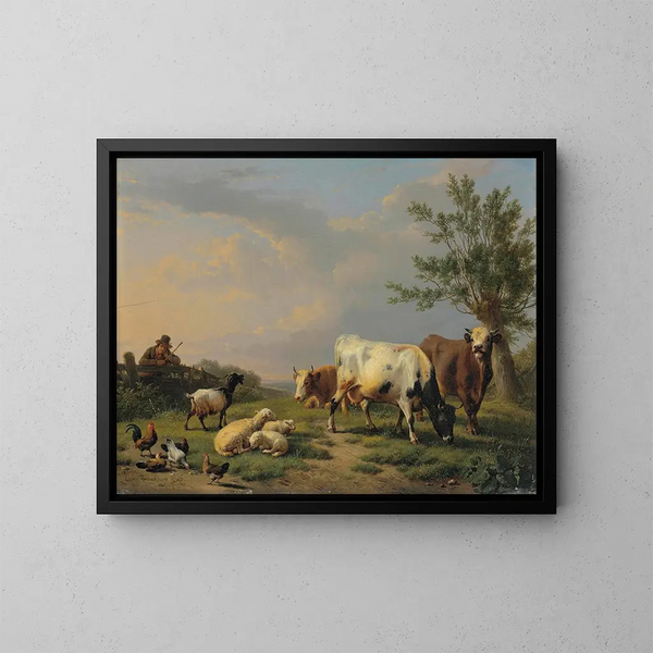 a farmer with three cows, three sheep, a goat, and five hens in a landscape - Eugène Joseph Verboeckhoven — framed artwork on a wall