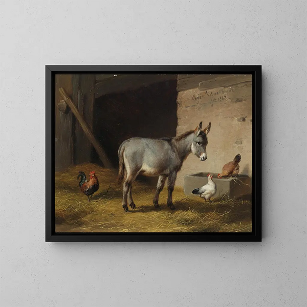Donkey and hens in the barn - Eugène Joseph Verboeckhoven — framed artwork on a wall
