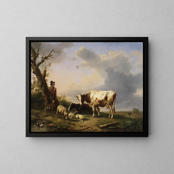 Landscape with Animals - Eugène Joseph Verboeckhoven — framed artwork on a wall