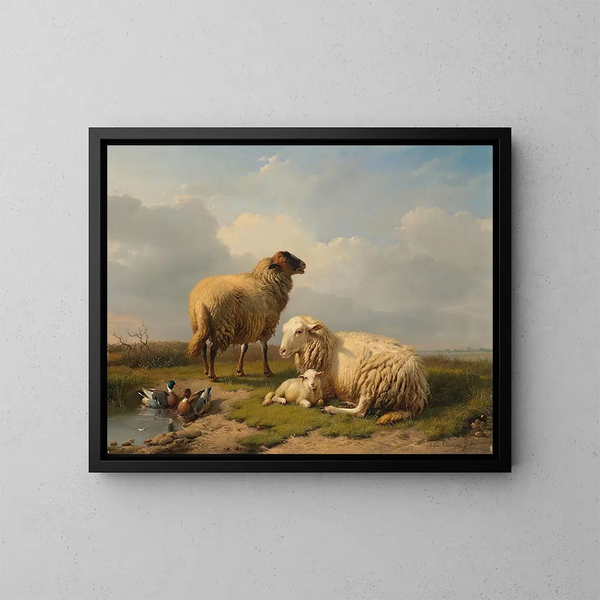 Sheep, lambs and ducks near a pond - Eugène Joseph Verboeckhoven — framed artwork on a wall