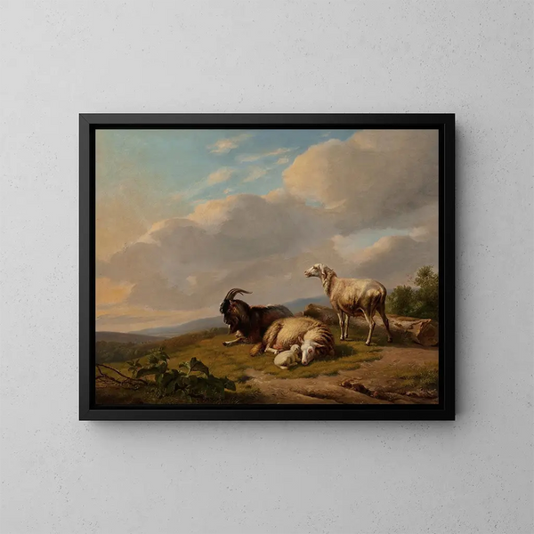 Sheep and goats in a landscape - Eugène Joseph Verboeckhoven — framed artwork on a wall