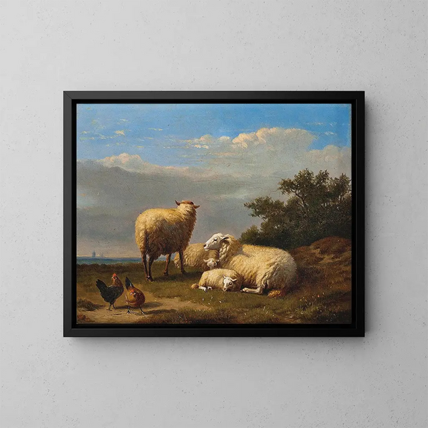 Sheep and poultry in the pasture - Eugène Joseph Verboeckhoven — framed artwork on a wall