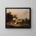 van een schilderij met schapen, geiten en gevogelte bij een schuilplaats in een heuvelachtig landschap - Eugène Joseph Verboeckhoven — ingelijst kunstwerk aan de muur