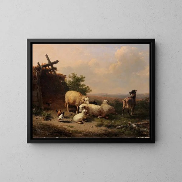 Sheep, goats, and poultry near a shelter in a hilly landscape - Eugène Joseph Verboeckhoven — framed artwork on a wall