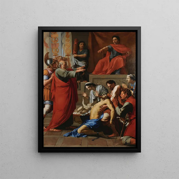 Saint Paul exorcising a possessed man - Eustache Le Sueur — framed artwork on a wall