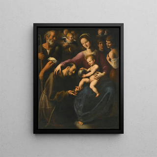 Fabrizio Santafede - The Holy Family With Saint Francis Of Assisi Adoring The Christ Child With Two Youths And Angels Above.webp