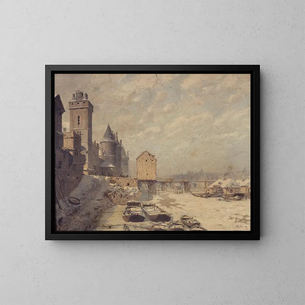 La tour de l'Horloge, la Conciergerie et le pont au Change en 1621 - Fédor Hoffbauer — framed artwork on a wall