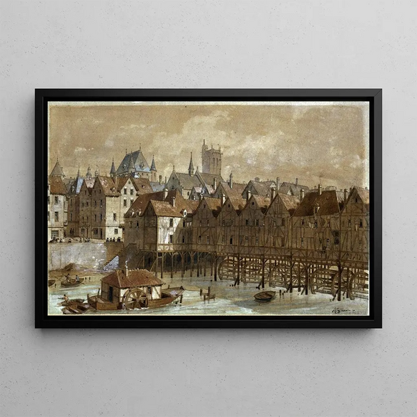 Le Grand Châtelet et le pont aux Meuniers en 1580 - Fédor Hoffbauer — framed artwork on a wall