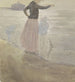 Vrouw met twee kinderen en een kleine hond op het strand - Johan Antonie de Jonge — weergave van het kunstwerk