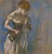 Vrouw die haar korset draagt - Edgar Degas — weergave van het kunstwerk