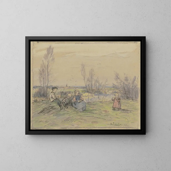 Children at the stream - Ferdinand Balzer — framed artwork on a wall