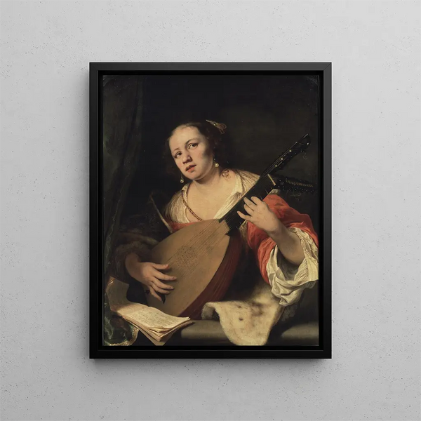 a lady playing the lute - Ferdinand Bol — framed artwork on a wall