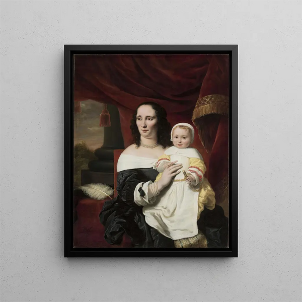 Portrait of Johanna de Geer Trip with her daughter Cecilia - Ferdinand Bol — framed artwork on a wall