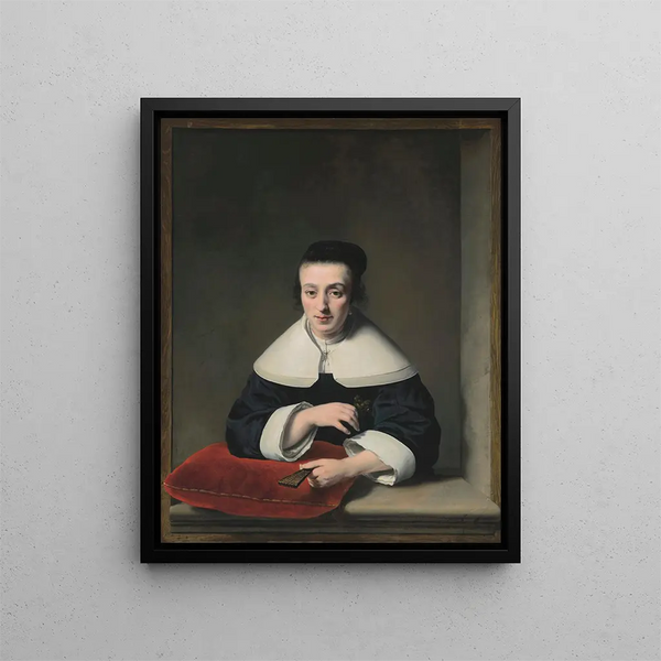 Portrait of a Lady at a Window - Ferdinand Bol — framed artwork on a wall
