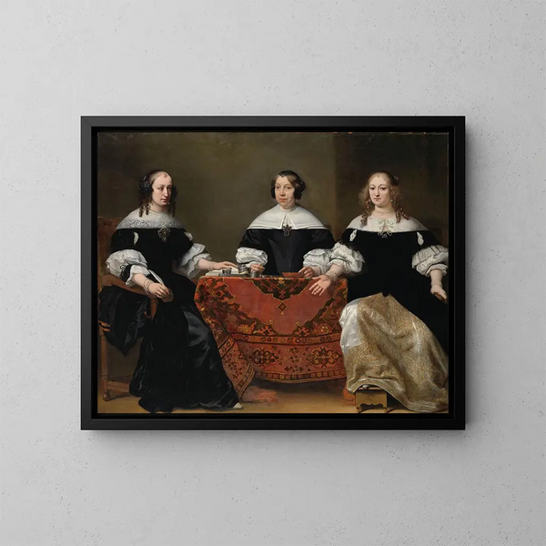 Portrait of the Three Regents of the Leper Hospital in Amsterdam - Ferdinand Bol — framed artwork on a wall